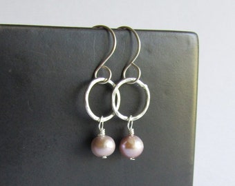 Pearl Earrings - Hammered Sterling Silver Hoop Earrings - Wedding Jewelry - June Birthstone - Graduation Gift