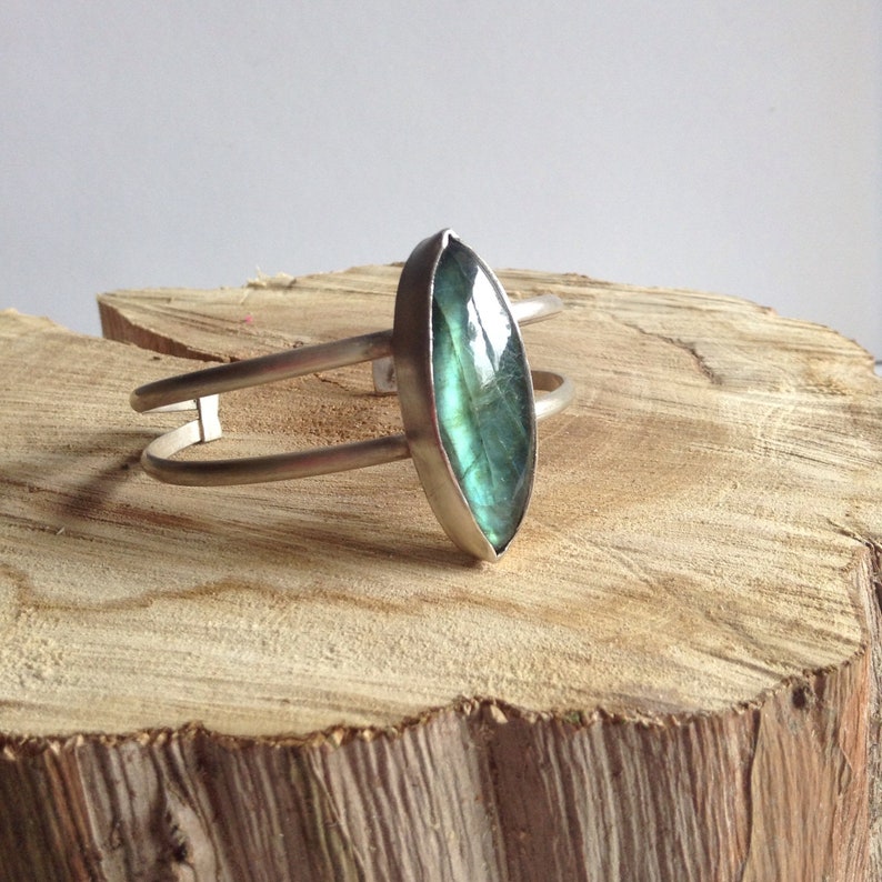 Sterling Silver Cuff Bracelet Labradorite Double Band Cuff Bracelet 25th Anniversary Gift Birthday Gift