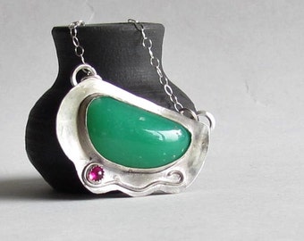 Chrysoprase Necklace with Lab Ruby - Pendant Necklace