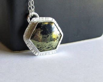 Hexagon Pyrite Necklace - Pyrite in Chalcedony - Fool's Gold Necklace - Pyrite Jewelry - Textured Silver Jewelry