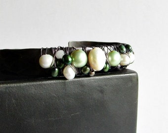 Green and White Pearls Wire Wrapped Cuff Bracelet - Hammered Sterling Silver Cuff Bracelet