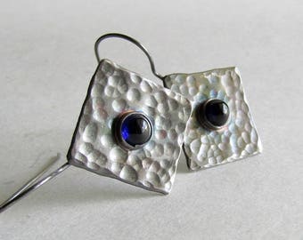 Sapphire Hammered Silver Earrings - Lab Created Sapphire - September Birthstone - September Birthday Gift