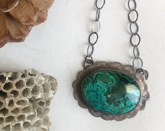 Malachite Necklace with Hand Stamped Border