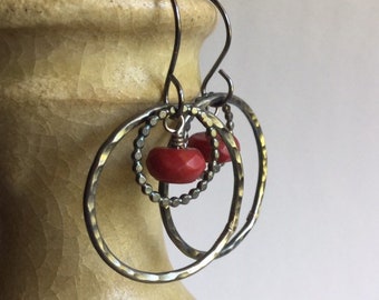 Sterling Silver Hoop Earrings with Red Coral
