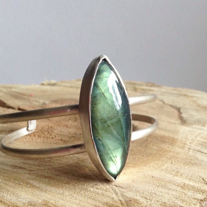 Sterling Silver Cuff Bracelet Labradorite Double Band Cuff Bracelet 25th Anniversary Gift Birthday Gift