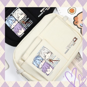 May include: Cream and black canvas shoulder bags with anime character illustrations. The bags have a front pocket with a graphic of four characters and Japanese text. The text "BEYOND JOURNEY'S END" and "FRIEREN AT THE FUNERAL" are also visible.