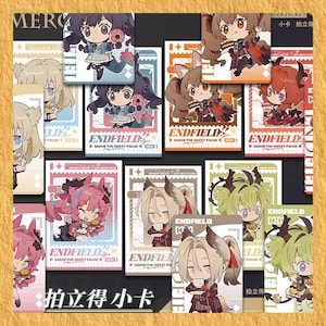 Könnte beinhalten: Eine Sammlung farbenfroher Endfield-Charakterkarten. Jede Karte zeigt eine einzigartige Illustration im Anime-Stil eines Charakters mit dem Text "ENDFIELD" und "Savor the Sweet Pause". Die Karten sind in verschiedenen Farben, darunter Blau, Orange und Rosa.