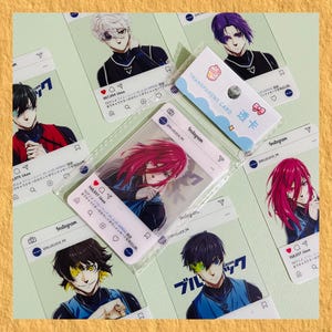 May include: A collection of anime character cards featuring various characters in a social media-themed design. The cards showcase vibrant illustrations, with some enclosed in transparent packaging. The background is a light green color.