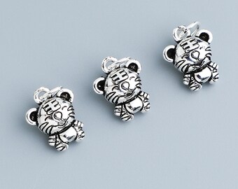 Pulseira de corda trançada DIY com botão de tigre do zodíaco em prata esterlina S925 banhada a ouro galvanizado, acessórios de joias com miçangas, atacado