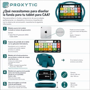 Può includere: Un grafico informativo che illustra le specifiche necessarie per progettare una custodia per tablet per CAA. Include un iPad, uno schermo del tablet con l'app "Vamos al Parque" e una custodia protettiva verde acqua. Le misure sono fornite in millimetri.