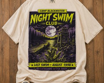 Camp Blackwater Night Swim Club Horror Tee, Retro Slasher Graphic Comfort Colors Shirt