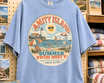 Amity Island Summer Swim Meet Graphic Tee, Vintage Beach Oversized Shirt, Retro Coastal Apparel
