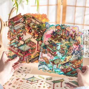 Groot formaat traditioneel ontwerp creatief isometrische sticker scènepakket deco sticker miniatuur stickerset dagboek scrapbooking