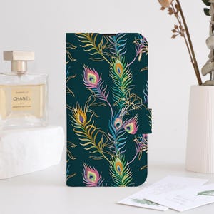Capa de celular com estampa de penas de pavão e carteira para iPhone 16 15 14 13 12 11 8 7 SE XR Pro Max, capa de celular com flip e carteira personalizada, porta-cartões