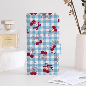 Lovely Cherry Plaid Phone Flip Case Wallet for iPhone 16 15 14 13 12 11 8 7 SE XR Pro Max,Personalised Wallet Flip Phone Case Card Holder