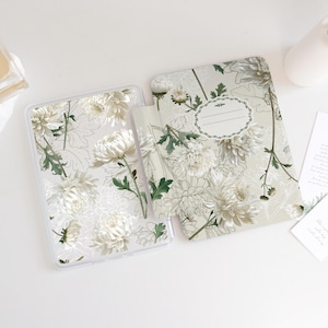 May include: Two notebook covers with a white floral pattern. The covers are made of a hard material and have a white background with a delicate floral pattern in shades of grey and green. The covers are both closed and are lying flat on a white surface.
