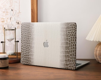 Custom Cream Brown Crocodile Leather MacBook Case with Gold Foil Initial, Fit for MacBook Air/Pro 13 14 15 16 Neo A18 M3 M4 M5, Laptop Cover
