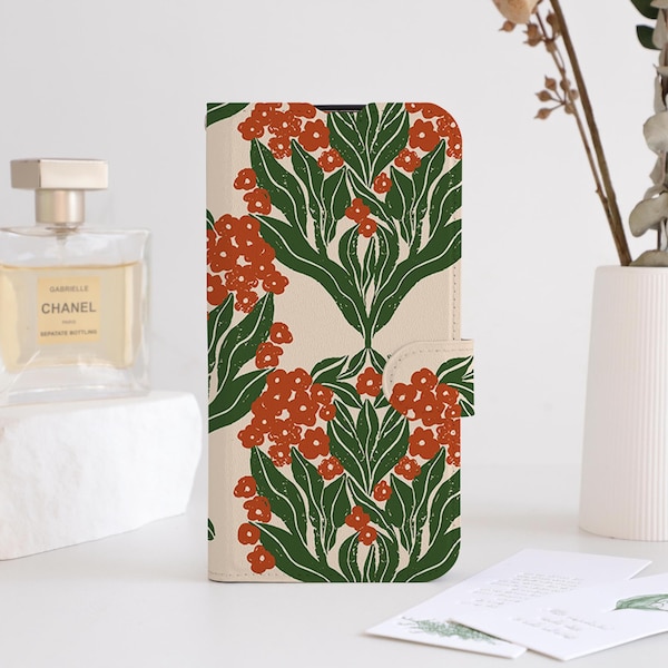 Retro Floral Prints Phone Flip Case Wallet for iPhone 16 15 14 13 12 11 8 7 SE XR Pro Max,Personalised Wallet Flip Phone Case Card Holder