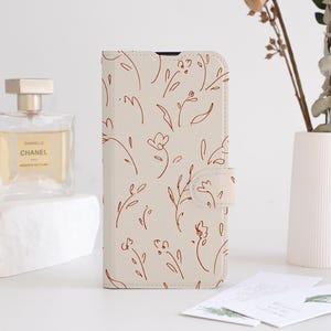 Étui portefeuille à rabat floral dessiné à la main pour iPhone 16 15 14 13 12 11 8 7 SE XR Pro Max, étui pour téléphone à rabat personnalisé avec porte-cartes