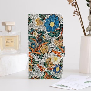 William Morris - Funda tipo billetera con diseño floral para iPhone 16, 15, 14, 13, 12, 11, 8, 7, SE, XR, Pro Max, funda tipo billetera personalizada con tarjetero