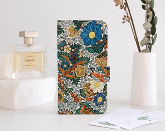 William Morris Floral Phone Flip Case Wallet for iPhone 16 15 14 13 12 11 8 7 SE XR Pro Max,Personalised Wallet Flip Phone Case Card Holder