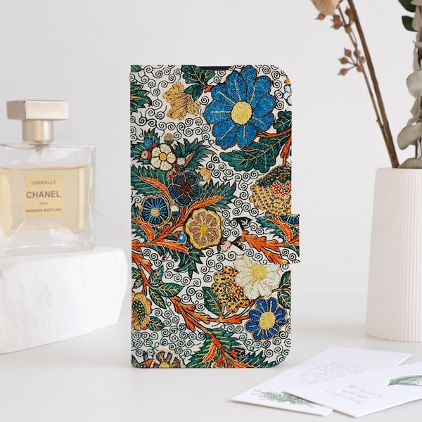 William Morris Floral Phone Flip Case Wallet for iPhone 16 15 14 13 12 11 8 7 SE XR Pro Max,Personalised Wallet Flip Phone Case Card Holder