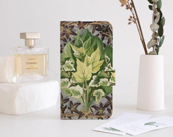 Botanische Collage Telefon Flip Fall Brieftasche für iPhone 16 15 14 13 12 11 8 7 SE XR Pro Max, personalisierte Brieftasche Flip Handyhülle mit Kartenhalter