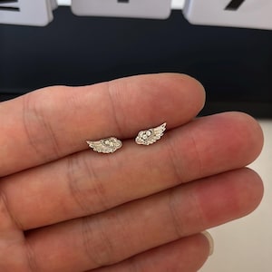 Può includere: Un paio di piccoli orecchini a lobo argentati a forma di ali. Ogni orecchino presenta un design ad ala dettagliato con piccoli abbellimenti scintillanti. Gli orecchini sono esposti su uno sfondo chiaro.