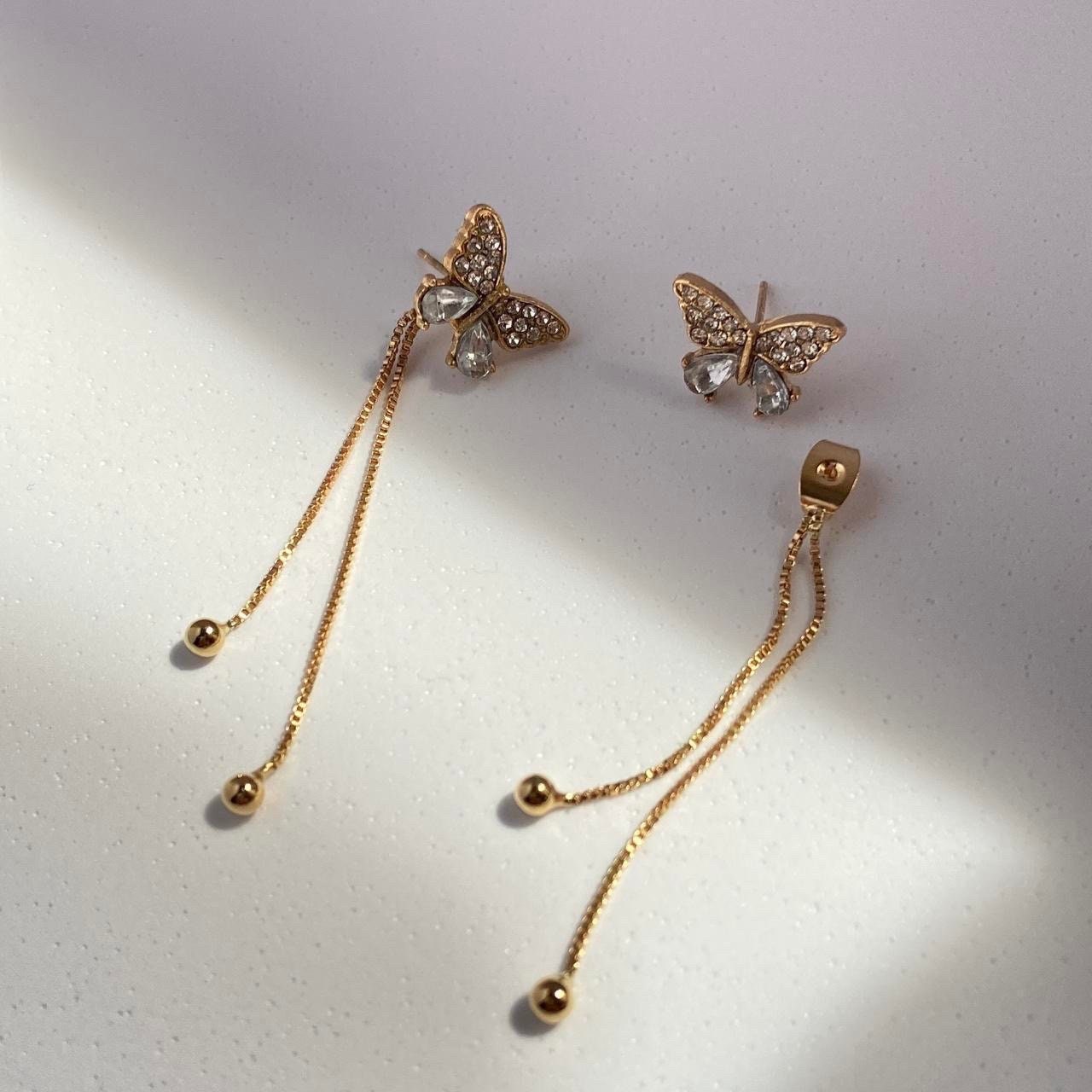 Orecchini Pendenti Lunghi Boho Con Nappe Di Cristallo CZ E Farfalla - Gioielli Donna In Oro - 4