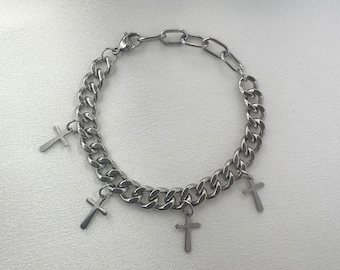 Mexico Sterling Silver 925 Rolo Link, Cross Link Chain Bracelet