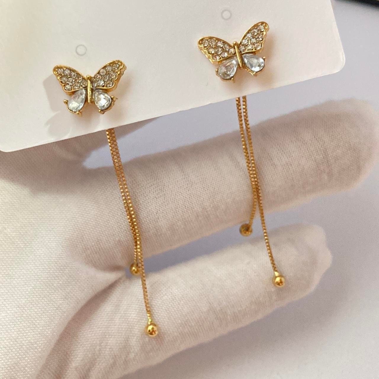 Orecchini Pendenti Lunghi Boho Con Nappe Di Cristallo CZ E Farfalla - Gioielli Donna In Oro - 2