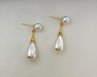 White Pearl Teardrop Shape Dangle Drop Earrings for Women