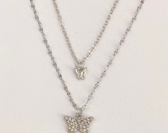 Double Layer Silver Butterfly Pendant Necklace for Women