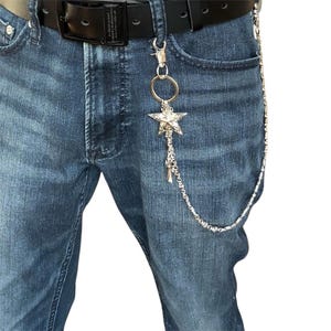 Cadena para pantalones con cruz de estrella y pentagrama para hombres y mujeres, cadena para jeans, cadena para llaves, cadena para billetera de motociclista, estilo unisex de hip hop punk de ropa urbana