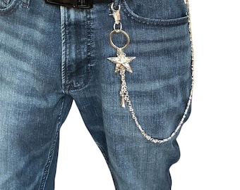 Cadena para pantalones con cruz de estrella y pentagrama para hombres y mujeres, cadena para jeans, cadena para llaves, cadena para billetera de motociclista, estilo unisex de hip hop punk de ropa urbana