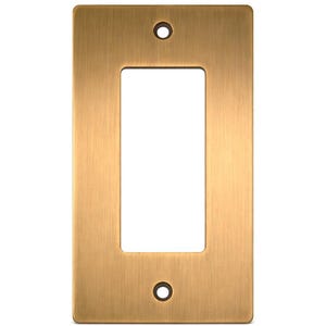 May include: A rectangular, brushed brass-colored wall plate with a single rectangular opening. Two small, circular holes are located at the top and bottom. The plate has a smooth, metallic finish and is designed for a light switch or outlet.