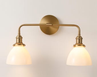 Vintage Brass Bathroom Vanity Light: Mid-Century Farmhouse Milk Glass 2-Light