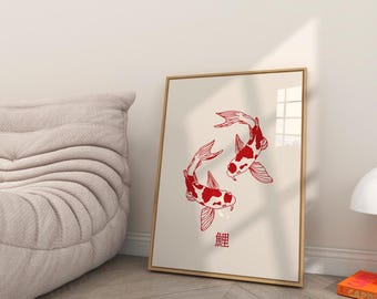 Estampa de Koi Vermelha, Estampa Japonesa, Estampa Vintage, Arte Imprimível, Arte de Parede Moderna, Arte Estética, Estampa Japonesa, Peixe Koi