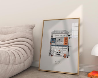 Ramen Bar Wall Art – Japanese City Illustration Tokyo Poster – Minimalist Line Art & Ramen Restaurant Print
