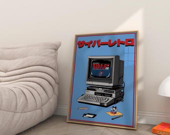Retro Poster – Japanese Nostalgic Wall Art | Aesthetic Gaming Print | 80s Vintage Computer Illustration | Digital Download