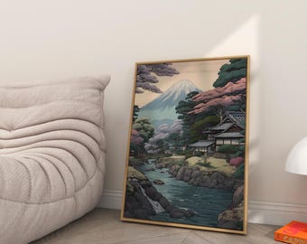 Arte mural con pintura de paisaje japonés – Descarga digital | Póster japonés inspirado en el anime con montaña, río y casa tradicional