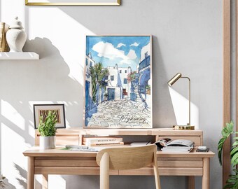 Mykonos Wall Art Watercolor | Greece Travel Poster | Mediterranean Decor, Digital Wall Art, Travel Wall Art for Home or Office