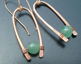 Earrings 14k Rose Gold Inverted Hoops Green Aventurine Dangle Earring Rose Gold Filled Jewelry, gift for Her boho earring maximalism jewelry