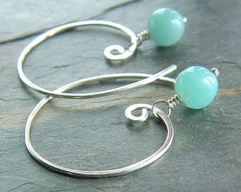 Amazonite Earring Sterling Silver Hoop Earrings Pastel Blue Open Hoops eco friendly jewelry for women, Gift for Her, Stocking stuffer