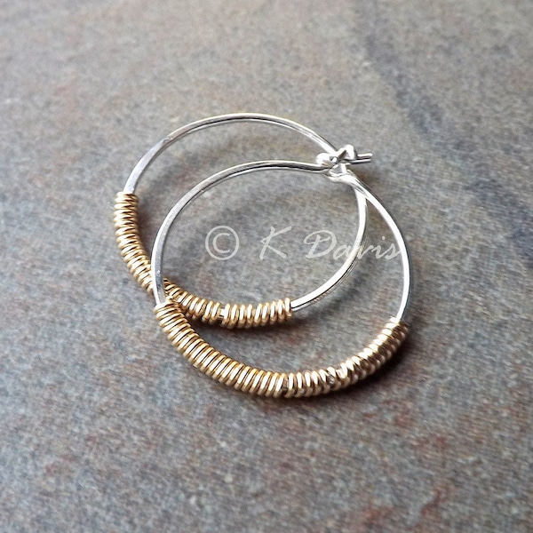 Silver Hoop Earrings Sterling Silver Hoops Gold Wrapped Mixed Metal Jewelry Gift for her, custom jewelry, statement earrings