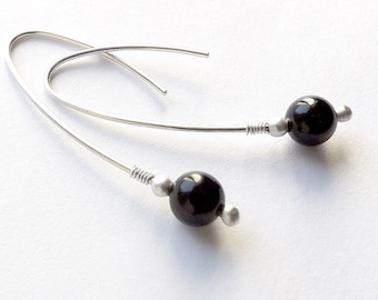 Sterling Silver Hoops Black Obsidian Hoop Earrings Silver Wishbone Open Hoop Threaders jewelry gift for her, womens gift, unique gifts