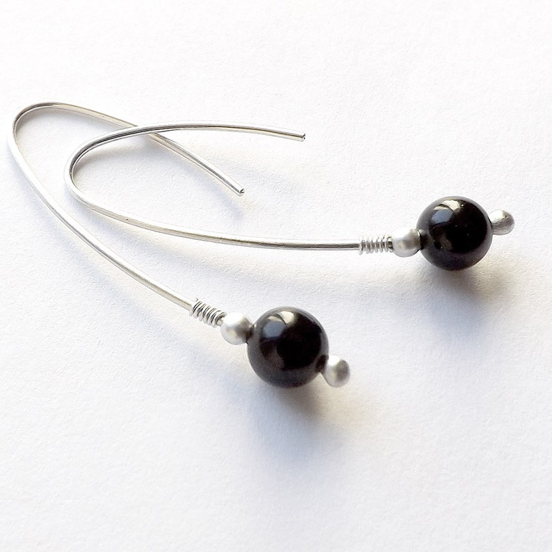 Sterling Silver Hoops Black Obsidian Hoop Earrings Silver Wishbone Open Hoop Threaders jewelry gift for her, womens gift, unique gifts image 1