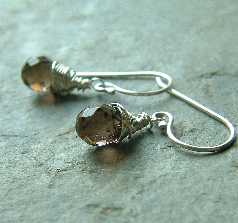 May include: A pair of silver earrings with brown faceted gemstone drops. The gemstones are wrapped in silver wire and the earrings have a simple hook closure.