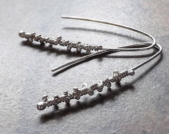 Statement Jewelry Open Hoop Earrings, Silver Threader Hoops, Dot Wire Wrap Dangle Earring, Long Hook Earrings Women gift, statement earrings