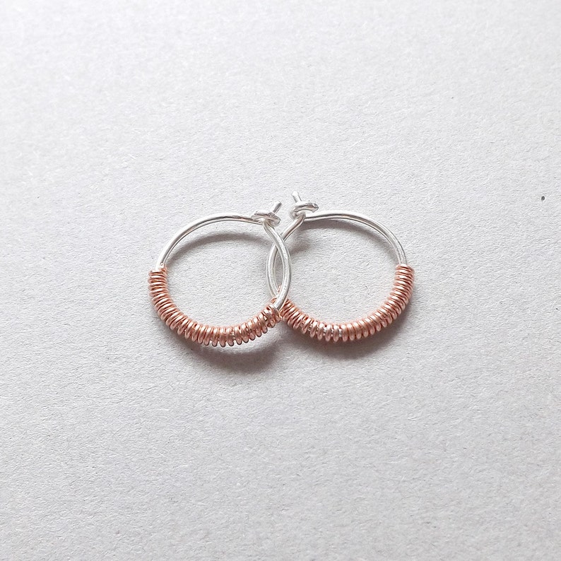 Sterling Silver Hoop Earrings Copper Wrapped Mixed Metal Hoops Custom Jewelry, minimal hoop earring Women Men Gift Dainty Earrings image 5